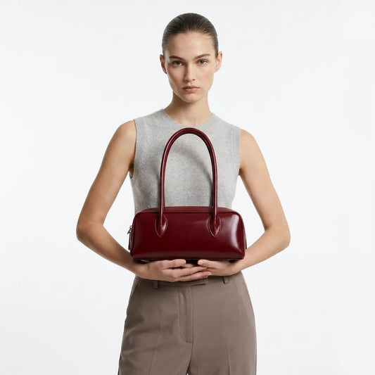 Burgundy Top Handle Handbag With Rounded Silhouette