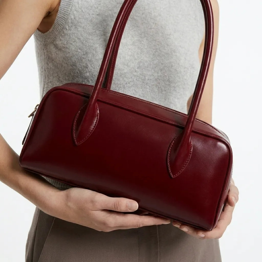 Burgundy Top Handle Handbag With Rounded Silhouette